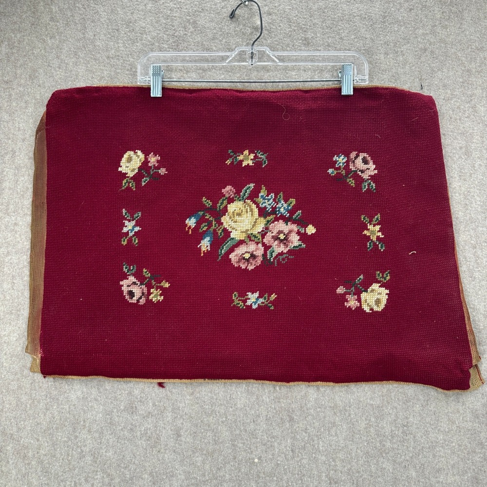 VTG Handmade Needlepoint Floral Chair‎ Cover Burgundy Grannycore Cottage